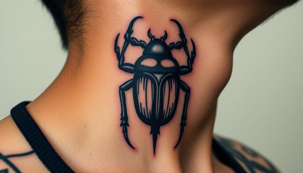 Generate an image of a scarab beetle tattoo on the neck, highlighting its intricate details.