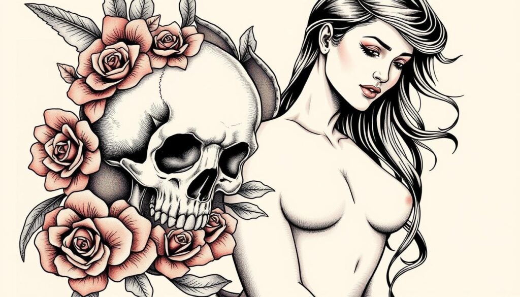 Generate an image of a skull and naked woman tattoo combination