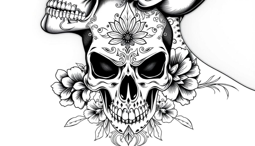 Generate an image of a skull neck tattoo with intricate designs and floral patterns.