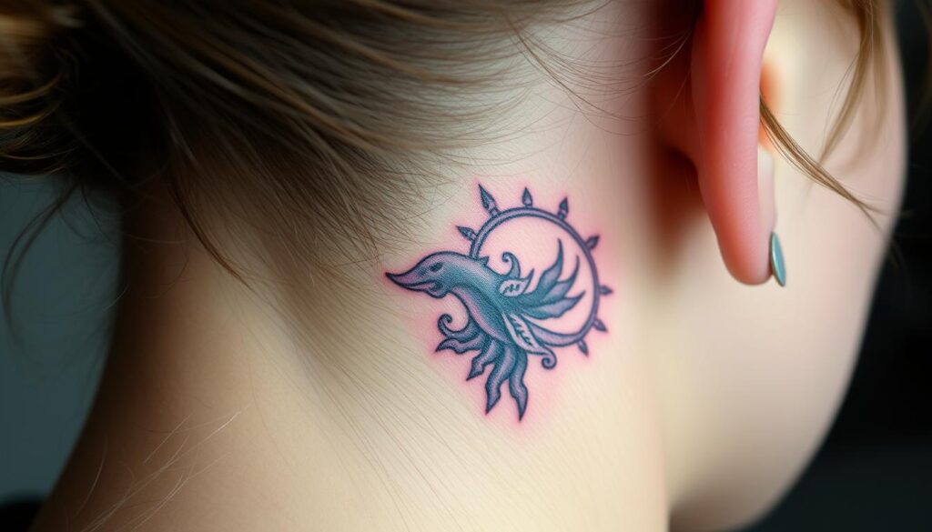 Generate an image of a small aesthetic tattoo behind the ear