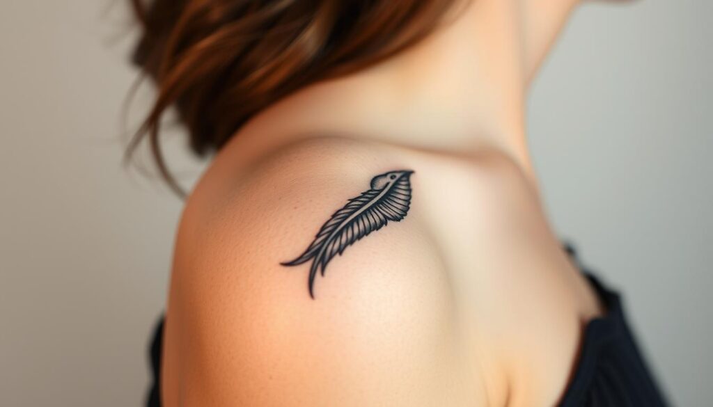 Generate an image of a small bird or feather tattoo on the shoulder, with a sense of movement and freedom.