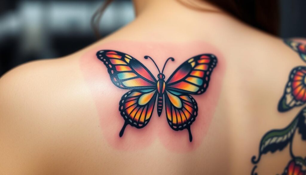 Generate an image of a small butterfly tattoo on the shoulder, with intricate details and colors.