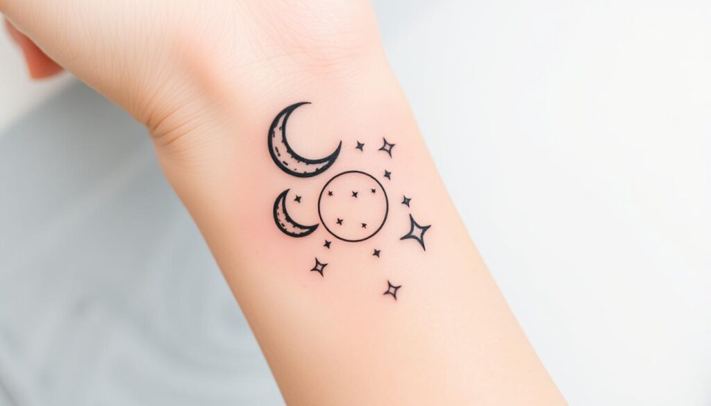 Generate an image of a small celestial tattoo on a woman's wrist.