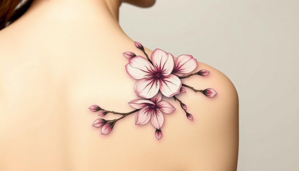 Generate an image of a small cherry blossom tattoo on the shoulder.