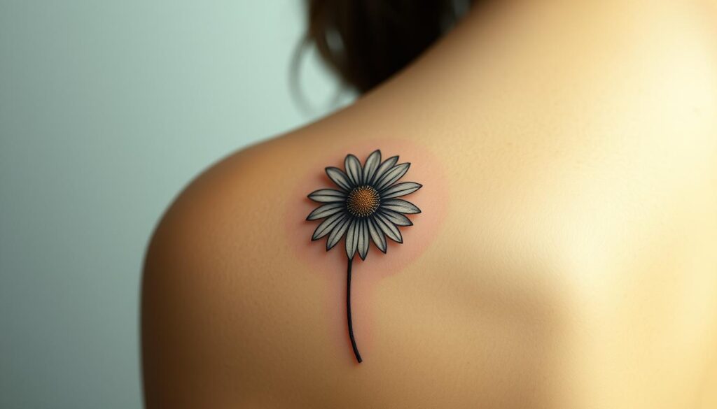 Generate an image of a small daisy tattoo on the shoulder.