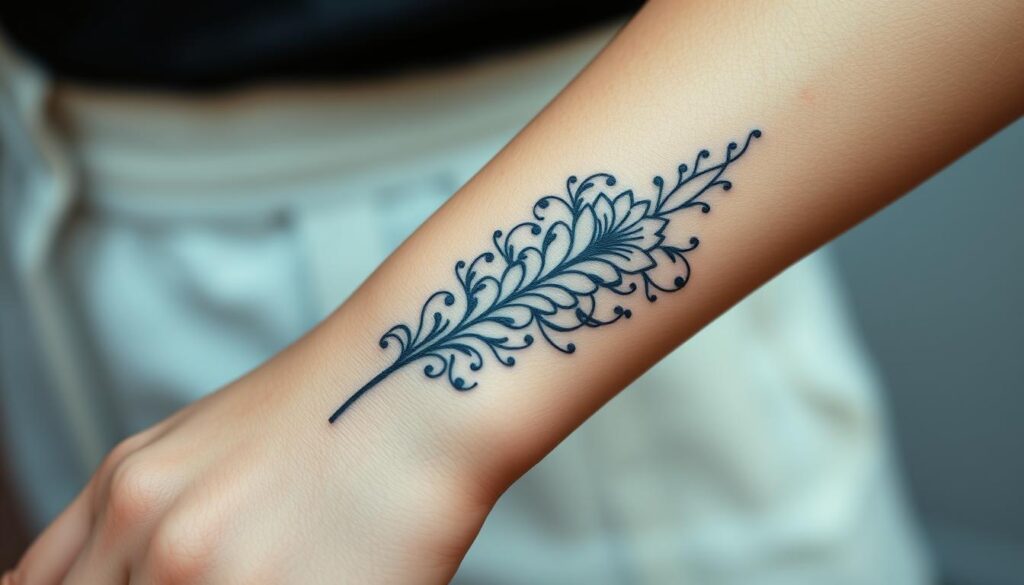Generate an image of a small, delicate tattoo on a woman's wrist.