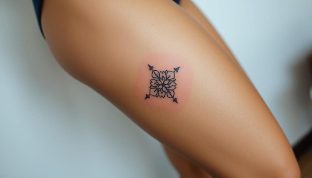 Generate an image of a small, delicate tattoo on the thigh.