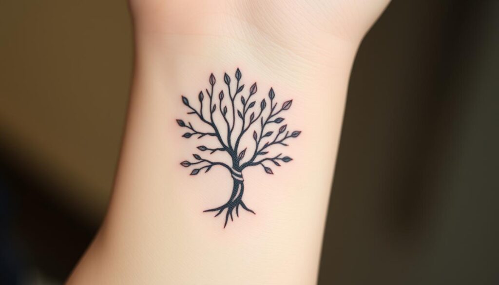 Generate an image of a small family tree tattoo on the wrist