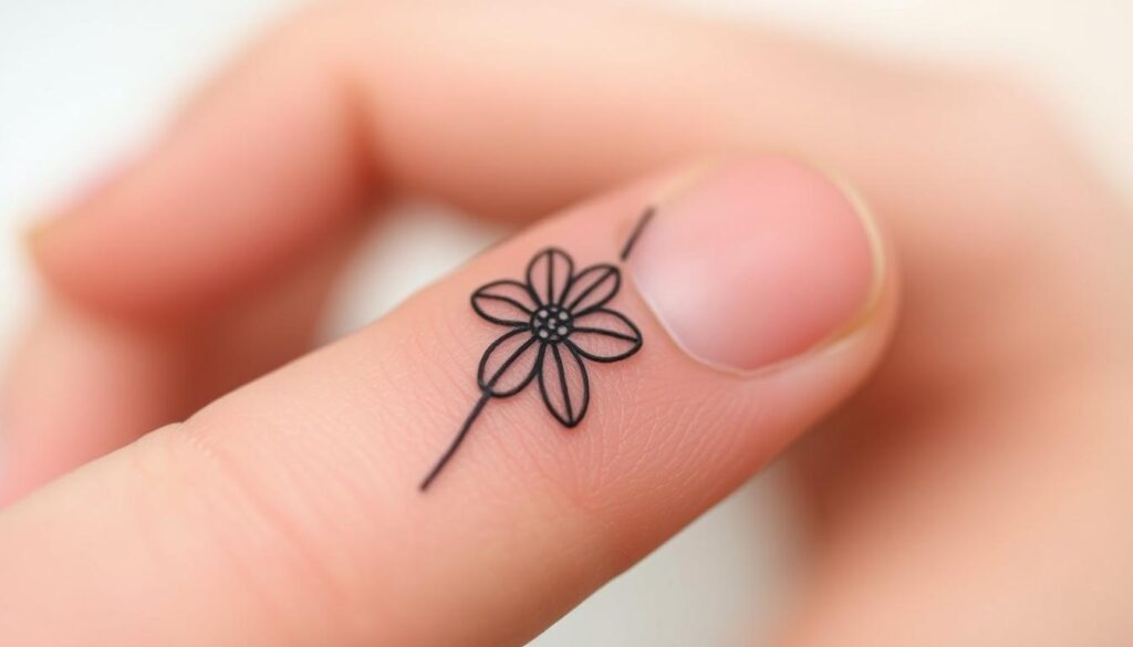 Generate an image of a small flower hand tattoo on the side of a finger.