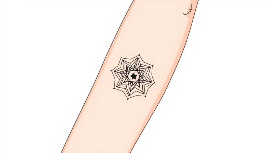 Generate an image of a small geometric tattoo on a woman's forearm.