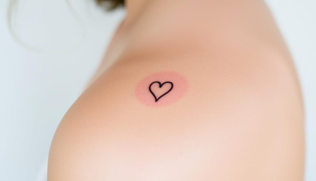 Generate an image of a small heart tattoo on the shoulder, with a mix of simplicity and elegance.