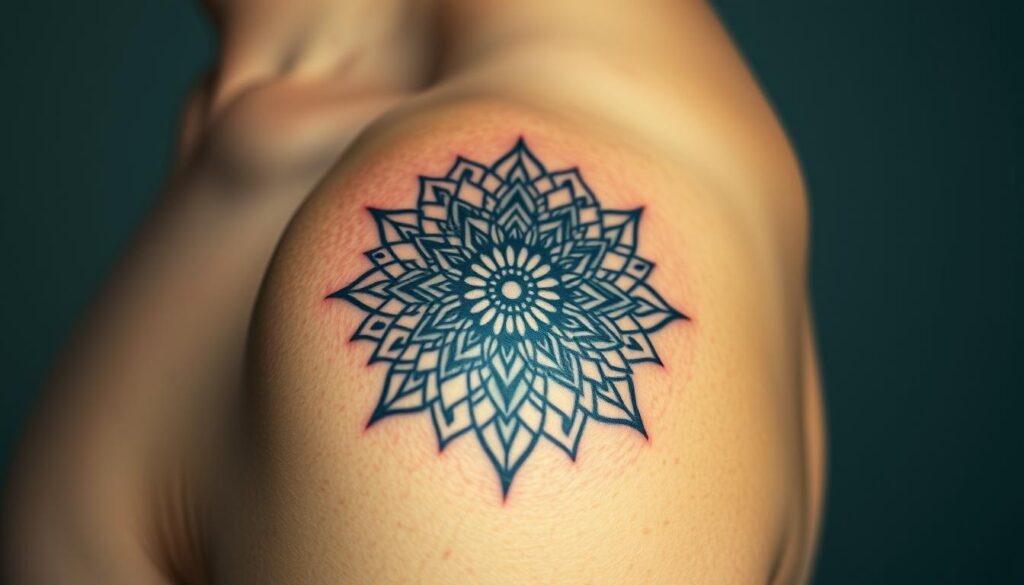 Generate an image of a small mandala tattoo on the shoulder, showcasing intricate geometric patterns.