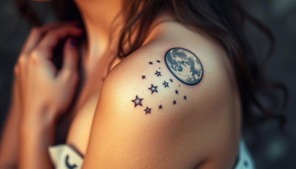 Generate an image of a small moon or star tattoo on the shoulder, with a celestial and dreamy quality.
