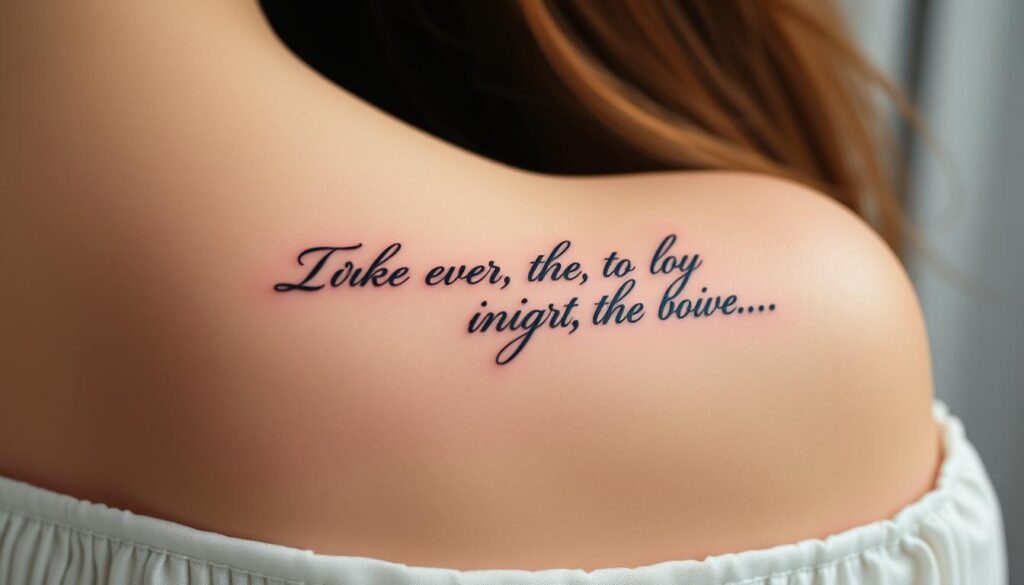 Generate an image of a small script tattoo on the shoulder featuring a meaningful quote in a elegant font.