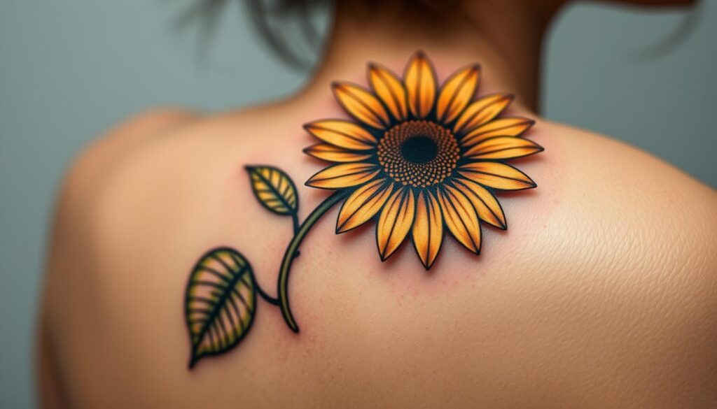Generate an image of a small sunflower tattoo on the shoulder.