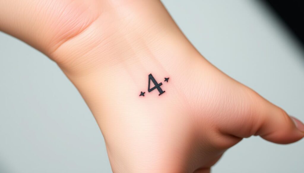 Generate an image of a small tattoo featuring a number or letter on a wrist.