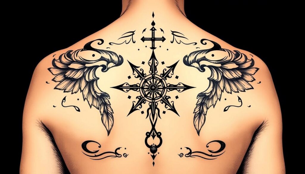 Generate an image of a symbolic back tattoo design