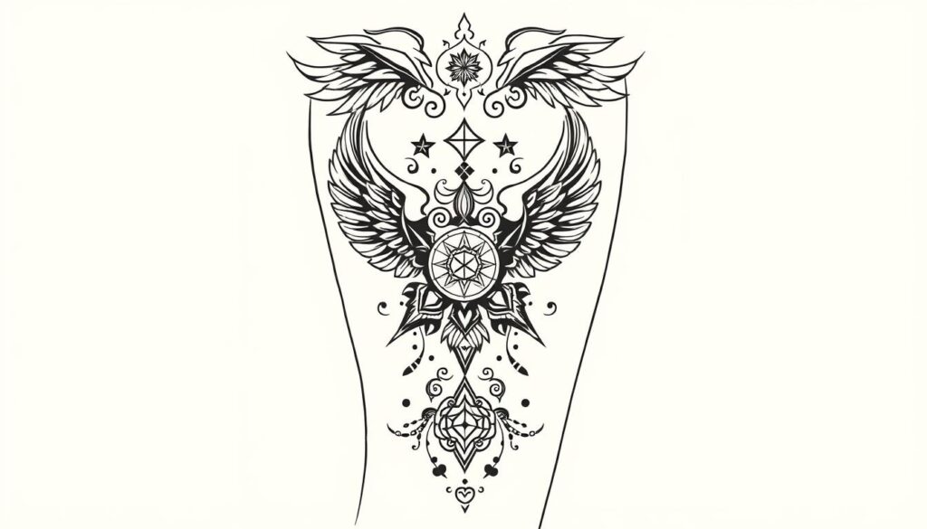 Generate an image of a symbolic thigh tattoo design.