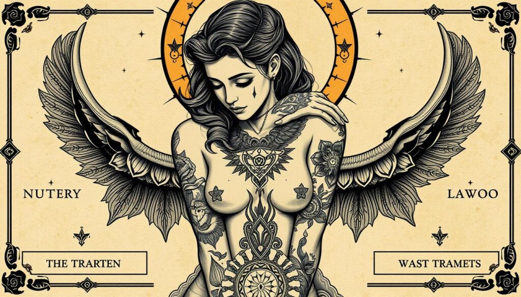 Generate an image of a tarot card naked woman tattoo.
