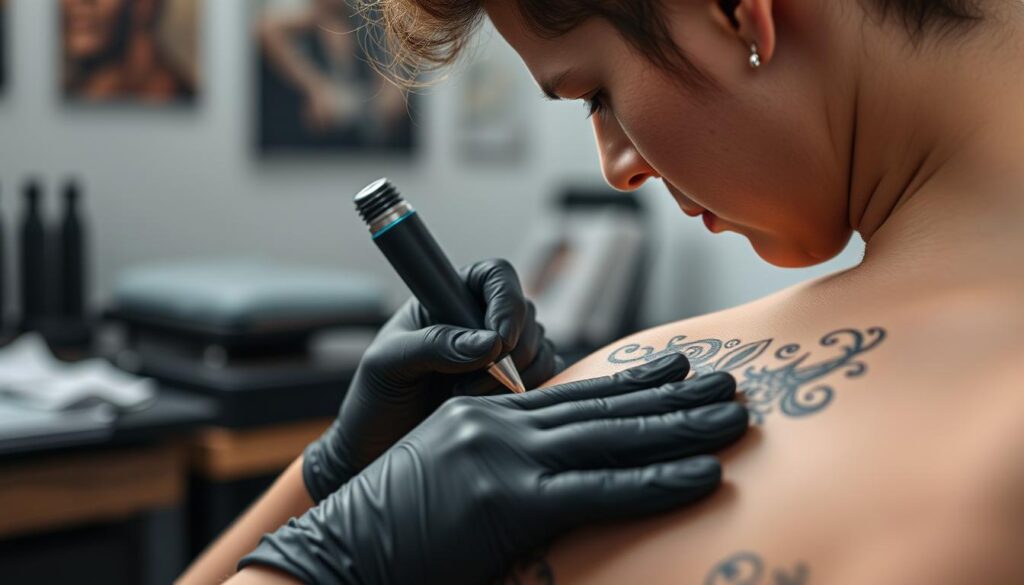Generate an image of a tattoo artist working on a delicate tattoo design.
