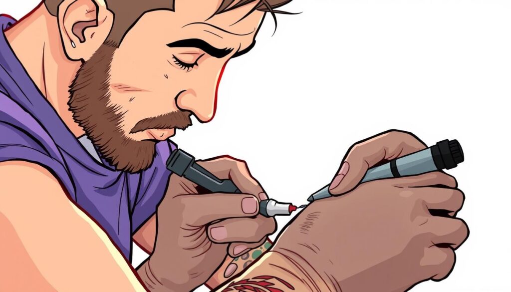 Generate an image of a tattoo artist working on a small tattoo design.
