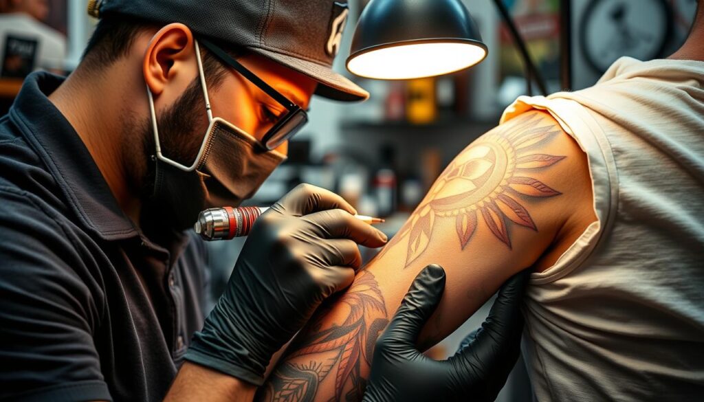 Generate an image of a tattoo artist working on a traditional American tattoo design.