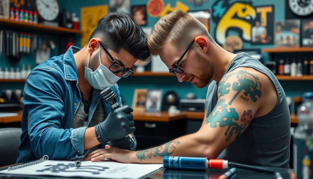 Generate an image of a tattoo artist working with a client on an autism-themed tattoo design.