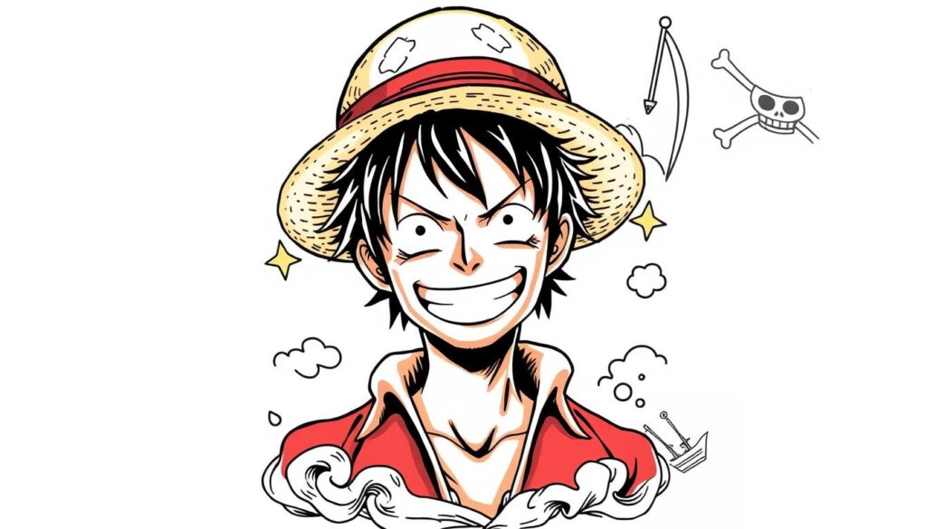 Generate an image of a tattoo featuring Monkey D. Luffy from One Piece.
