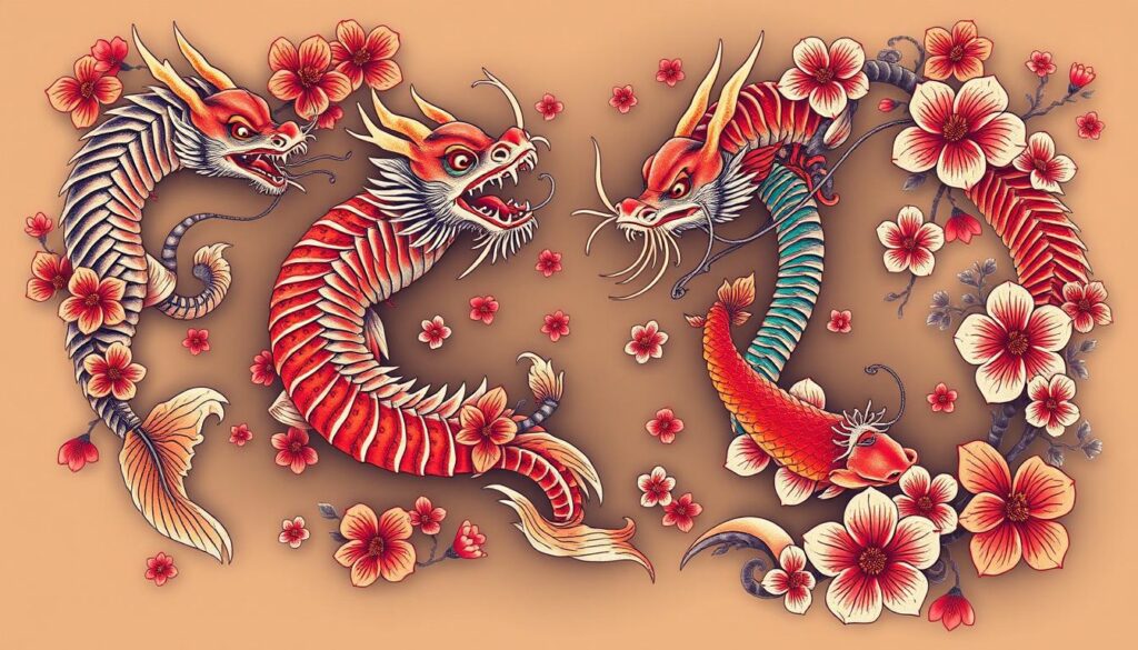 Generate an image of a traditional Japanese tattoo sleeve featuring dragons, koi fish, and cherry blossoms.