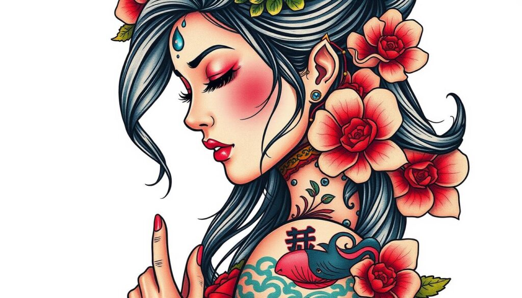 Generate an image of a traditional colored naked girl tattoo.