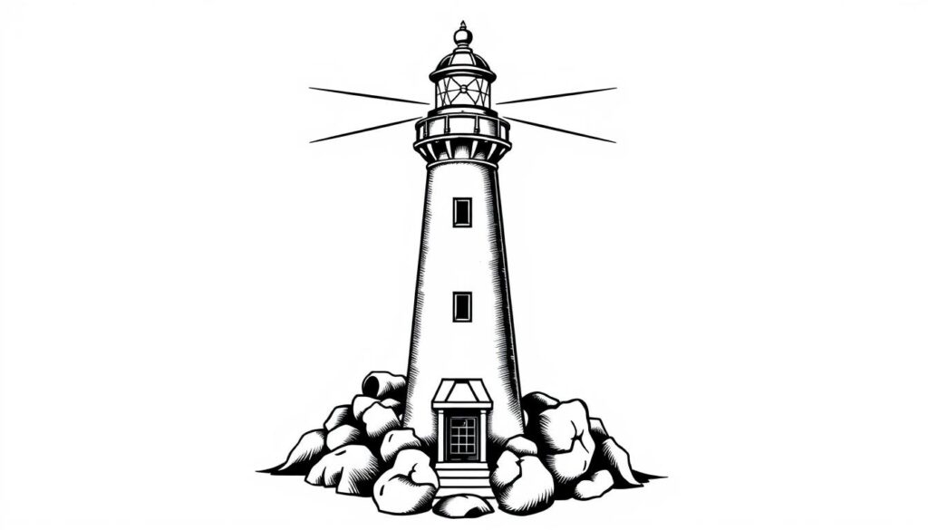 Generate an image of a traditional lighthouse tattoo design