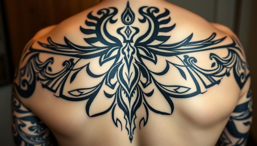 Generate an image of a tribal back tattoo design