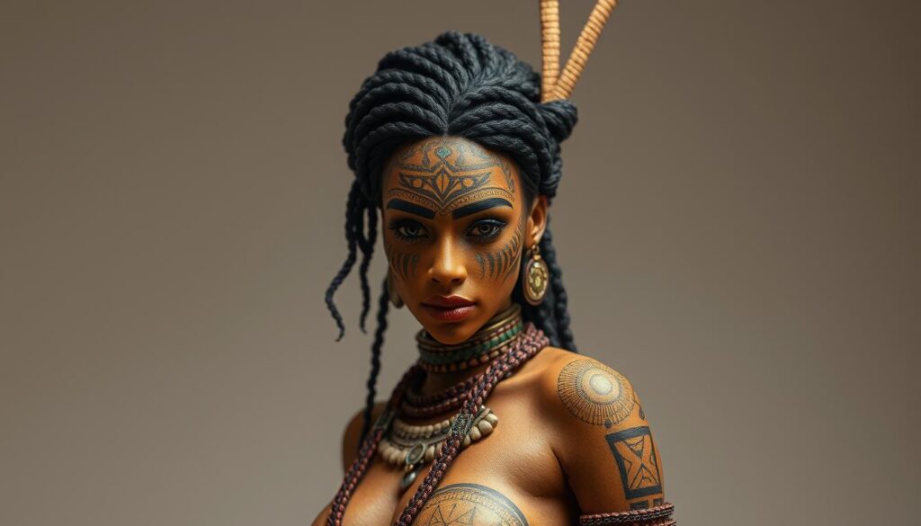 Generate an image of a tribal-inspired naked woman design.