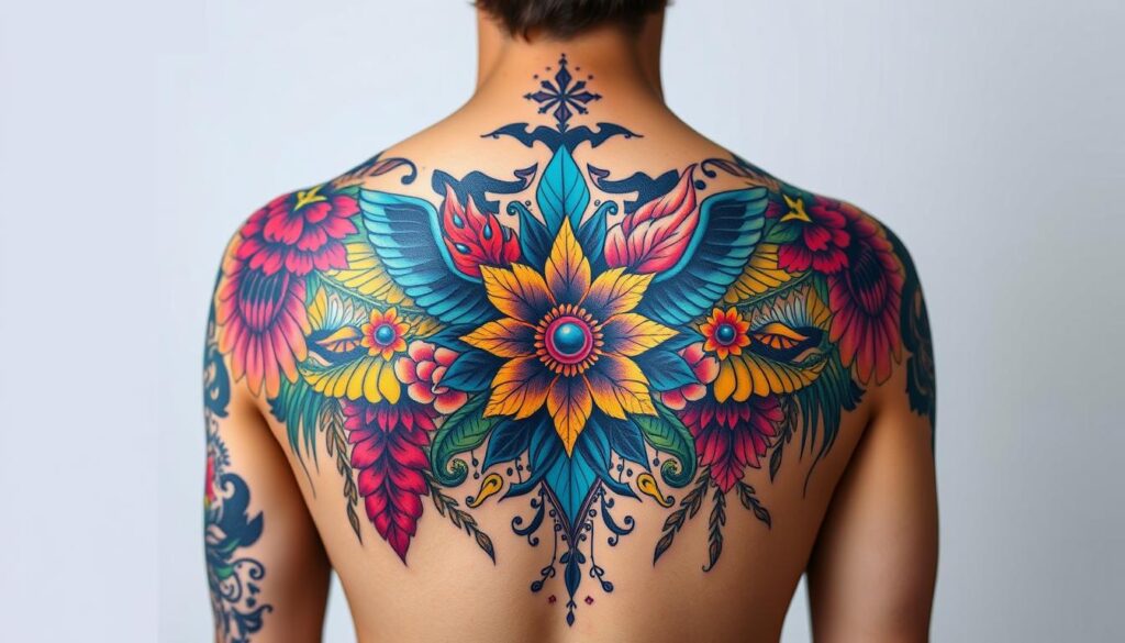 Generate an image of a vibrant back shoulder tattoo featuring a mix of colors and designs.