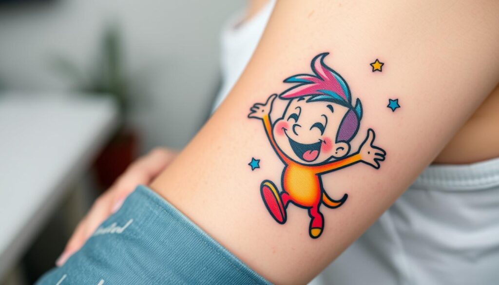 Generate an image of a vibrant cartoon character tattoo on a person's arm, showcasing bright colors and playful design.