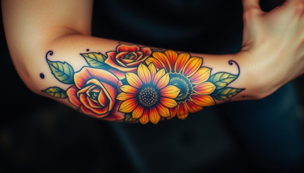 Generate an image of a vibrant floral tattoo on the forearm, featuring a mix of roses and sunflowers.