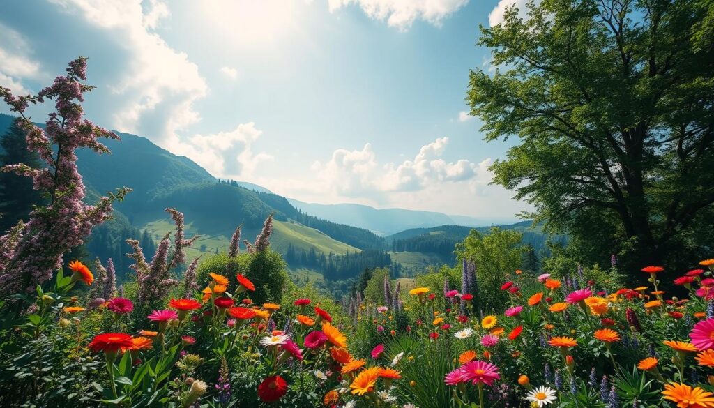 Generate an image of a vibrant nature scene with lush greens and colorful flowers.