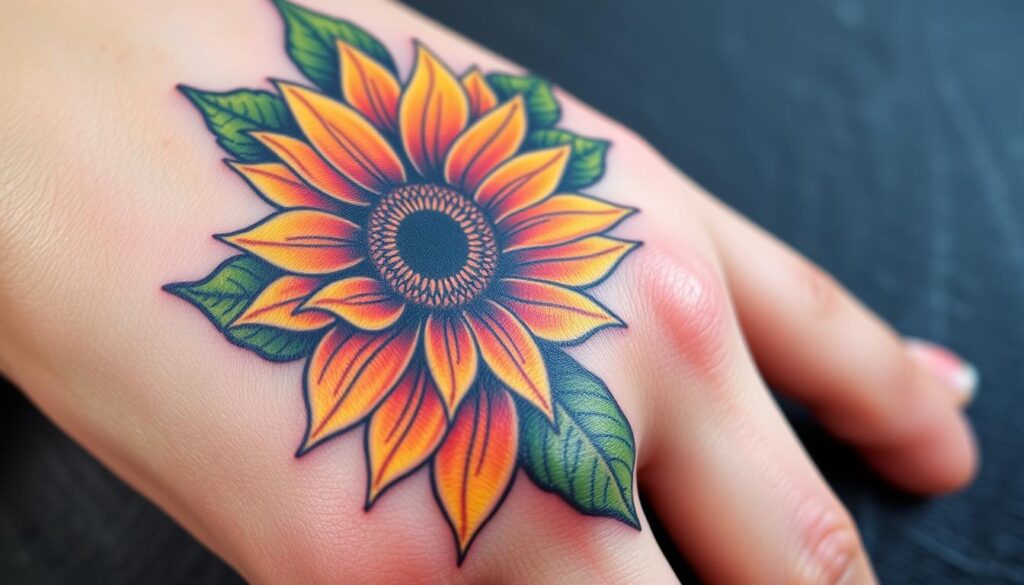 Generate an image of a vibrant sunflower hand tattoo
