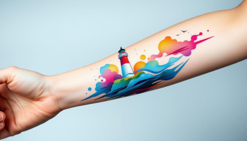 Generate an image of a vibrant, watercolor-style lighthouse tattoo on the forearm.