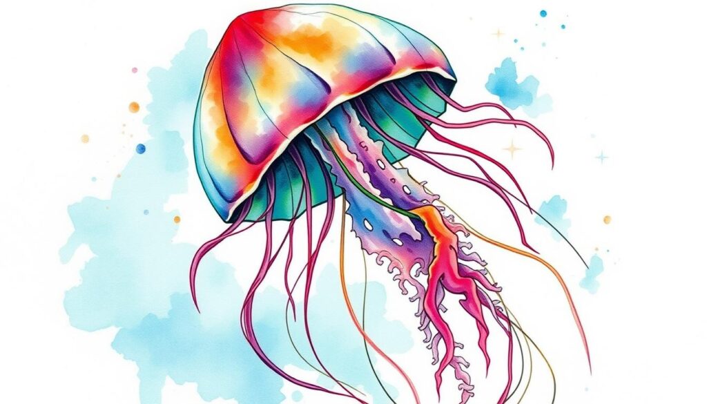 Generate an image of a watercolor jellyfish tattoo