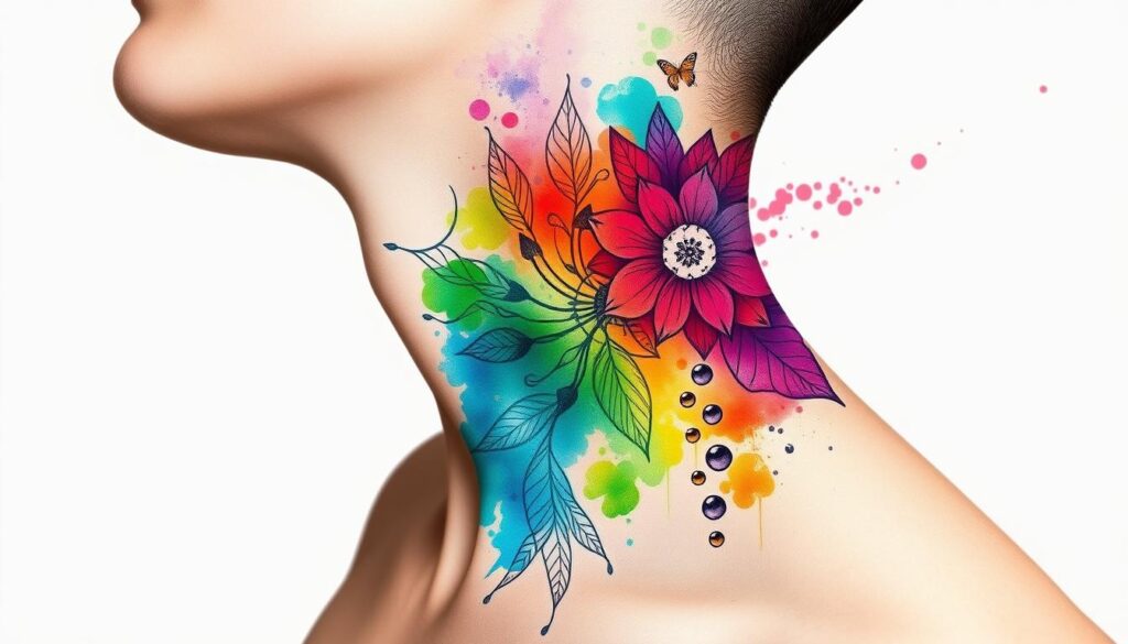 Generate an image of a watercolor neck tattoo design.