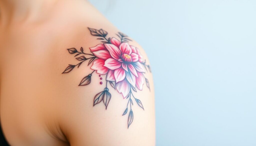 Generate an image of a watercolor tattoo on the shoulder featuring a delicate floral design.