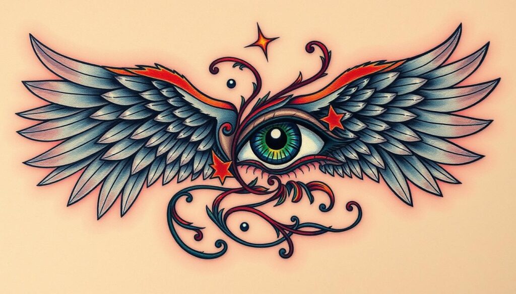 Generate an image of a wing tattoo and an eye tattoo.
