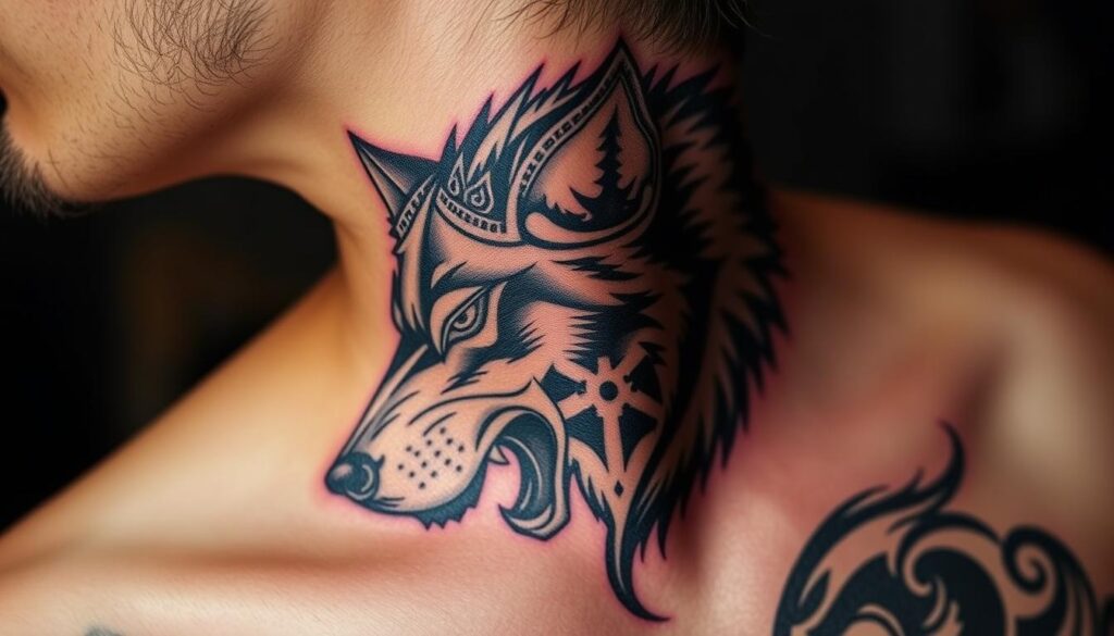 Generate an image of a wolf tattoo on the neck, highlighting its strength and loyalty.