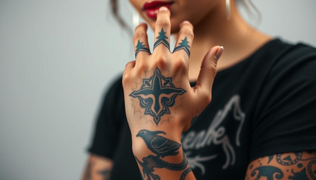 Generate an image of a woman with a bold hand tattoo