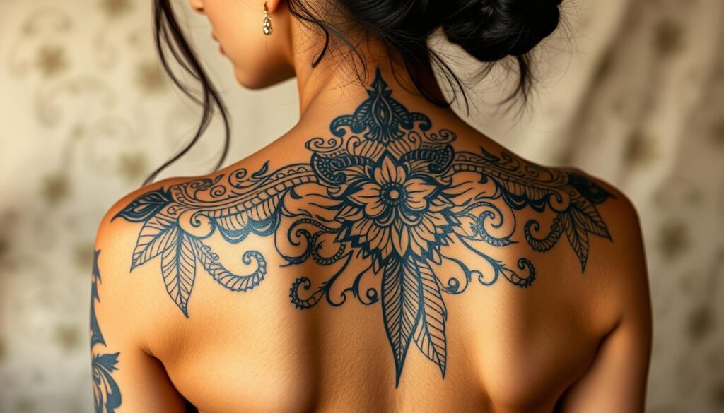 Generate an image of a woman with a cultural back shoulder tattoo