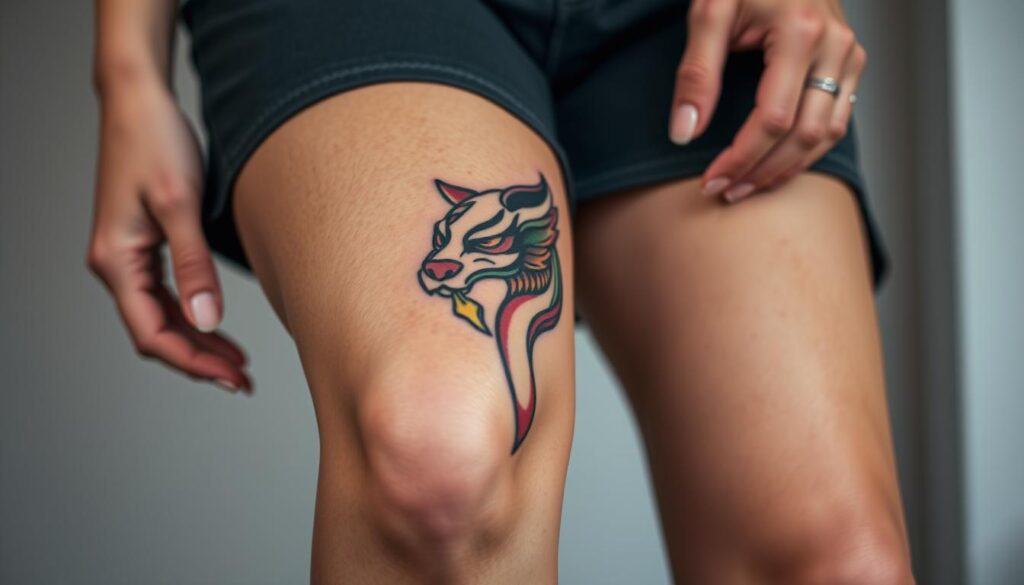 Generate an image of a woman with a knee tattoo featuring an animal design.