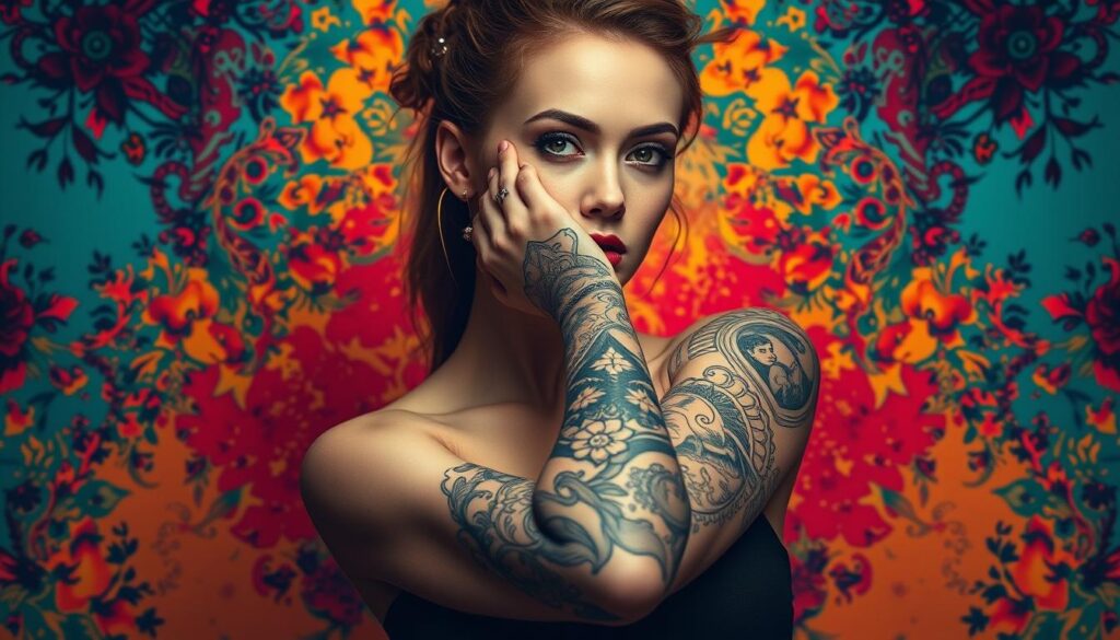 Generate an image of a woman with a sleeve tattoo