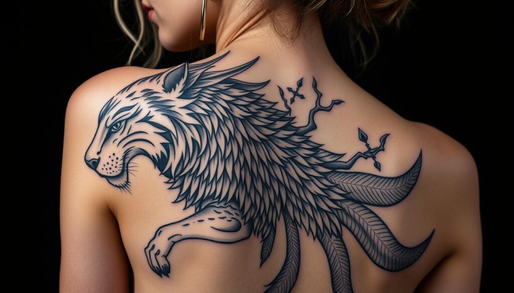 Generate an image of a woman with an elegant animal-inspired back shoulder tattoo.