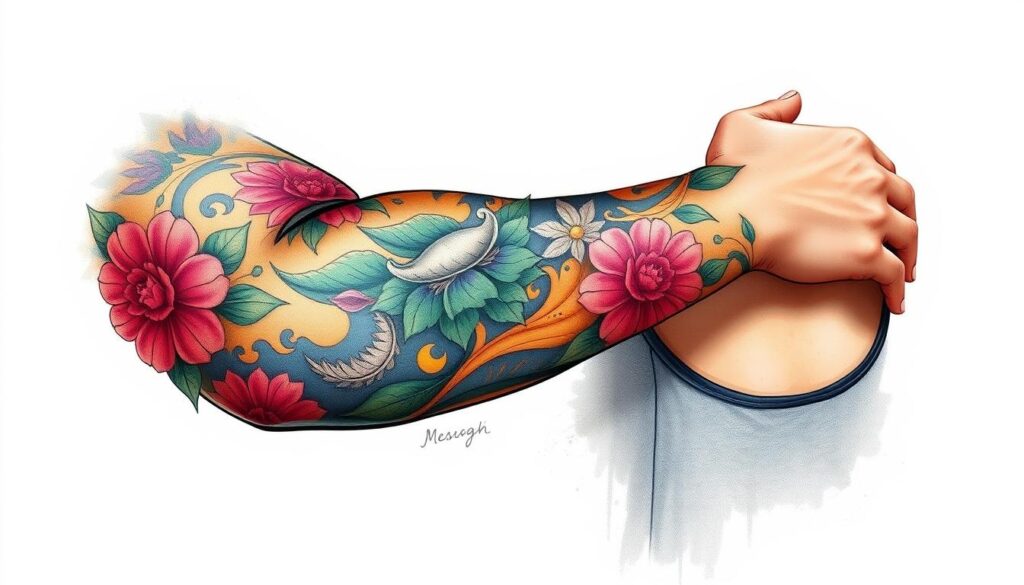 Generate an image of a woman's arm with a vibrant sleeve tattoo